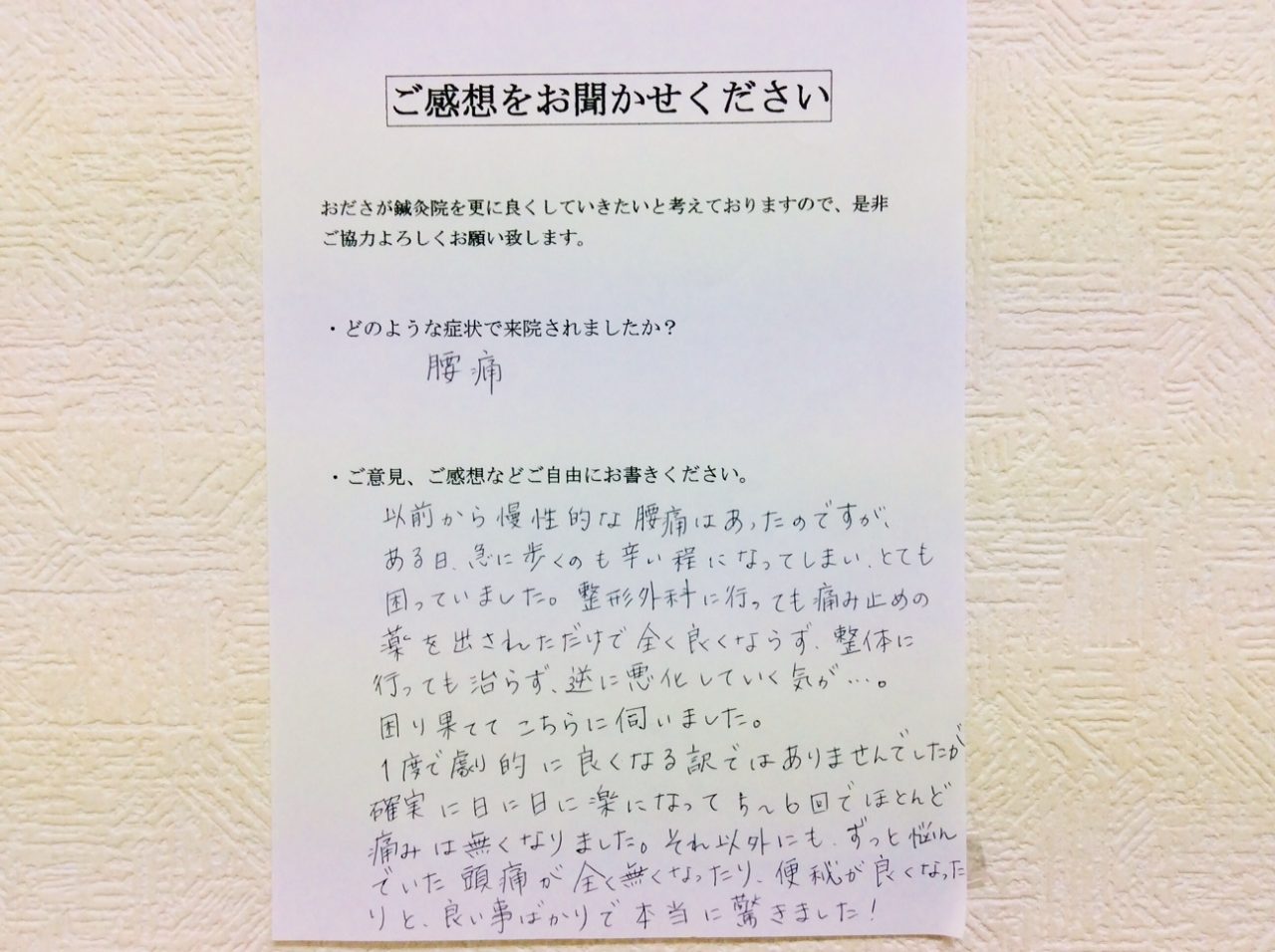 患者からの　手書手紙　靴屋　腰痛、頭痛、便秘